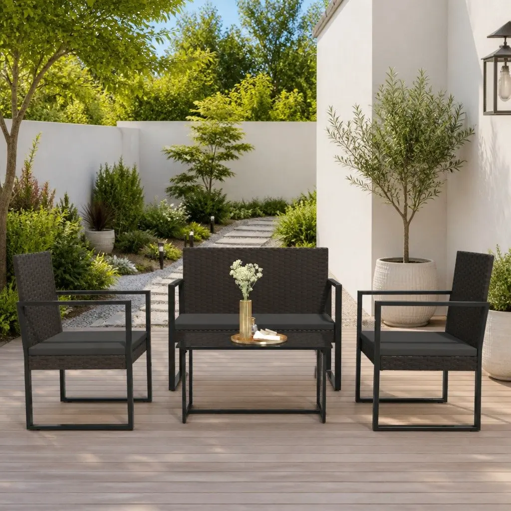 Garden Bench Poly Rattan 106cm Black with Cushions