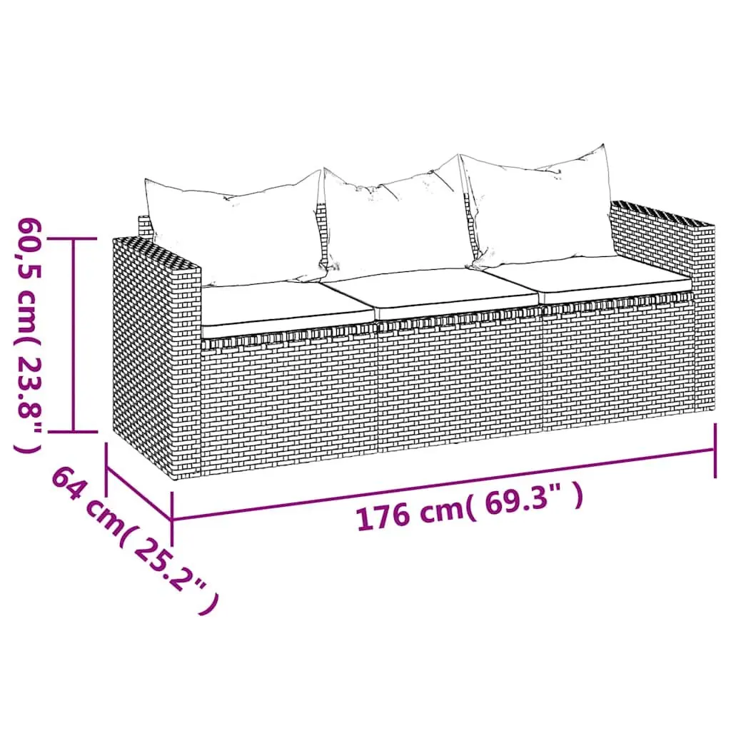 3-Seater Garden Sofa Poly Rattan Grey with Cushions