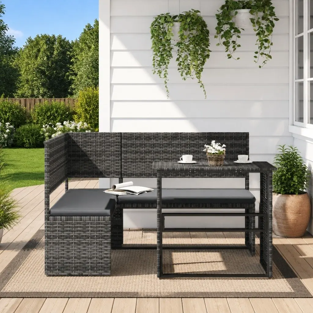 L-Shaped Garden Sofa Set with Table Grey Poly Rattan Outdoor Furniture