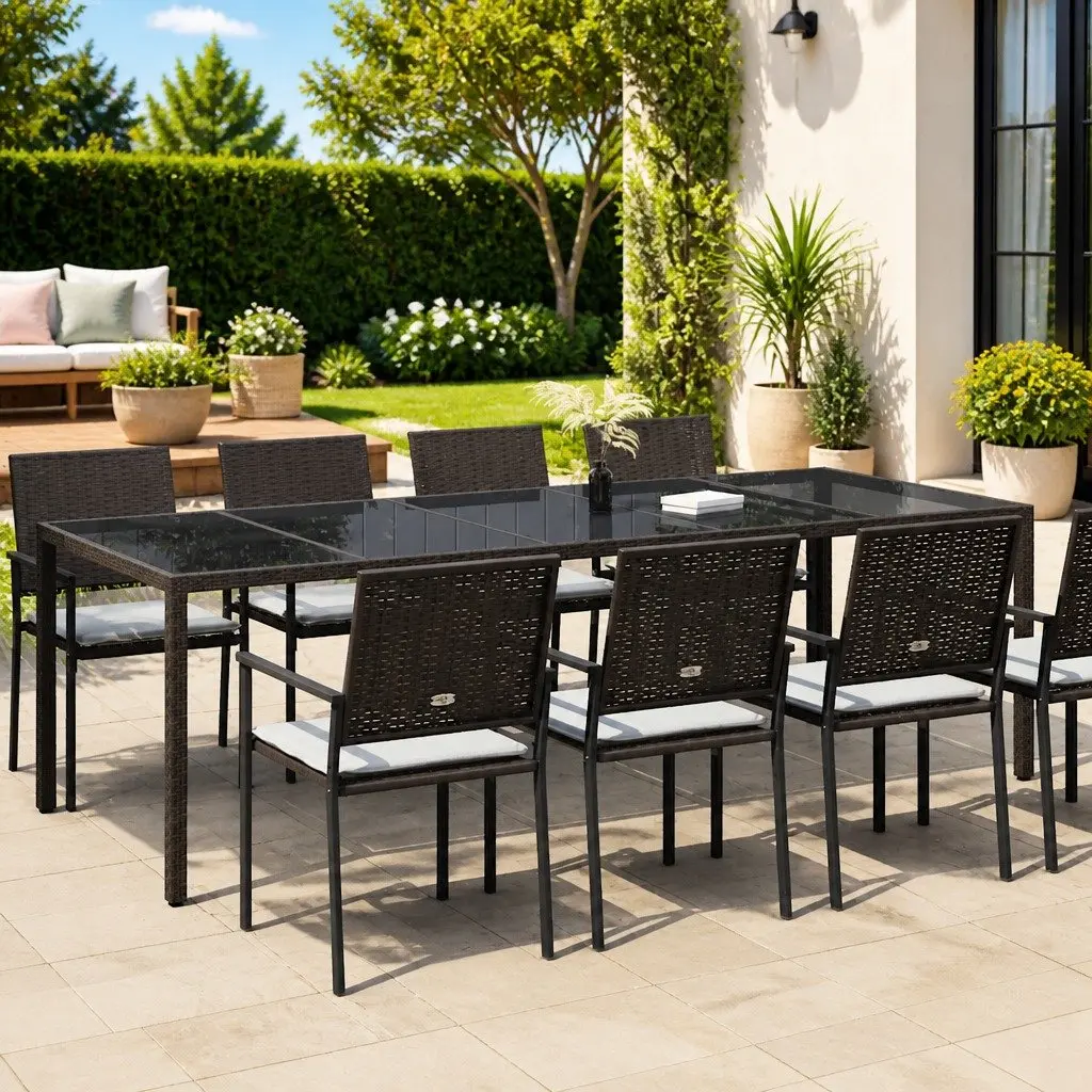 Garden Dining Table Poly Rattan Steel Frame 250x100x75cm Brown