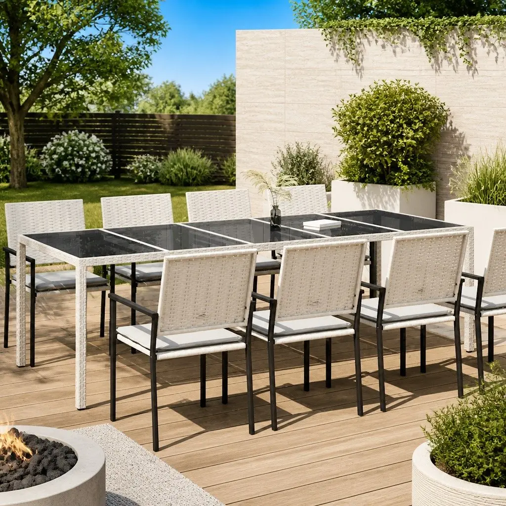 Garden Table Poly Rattan 250x100x75cm White Tempered Glass
