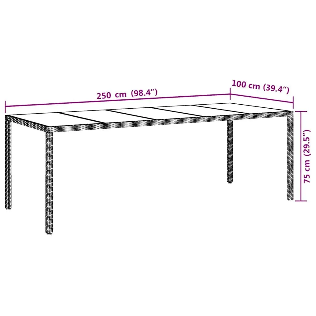 Garden Table Poly Rattan 250x100x75cm White Tempered Glass