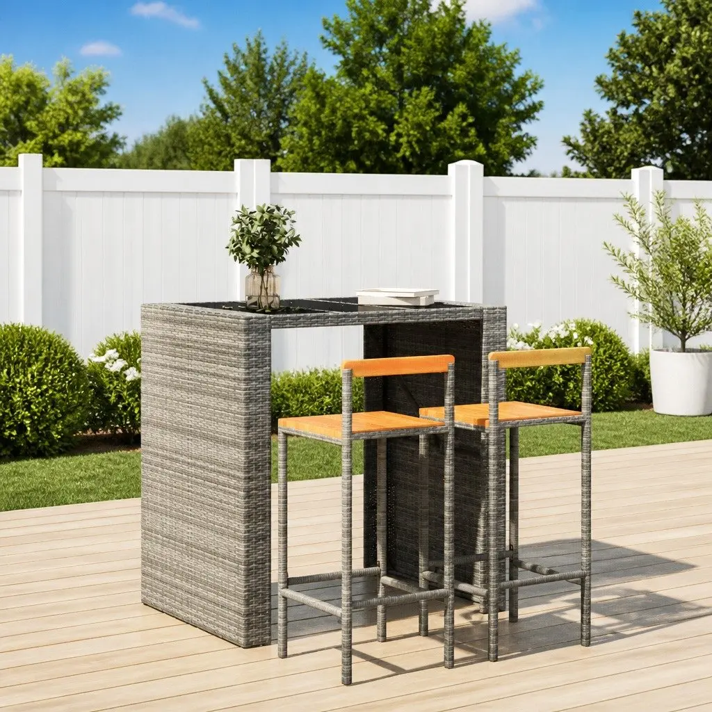 Bar Stools Poly Rattan Solid Wood Seat 2 Piece Grey Indoor Outdoor Kitchen Counter