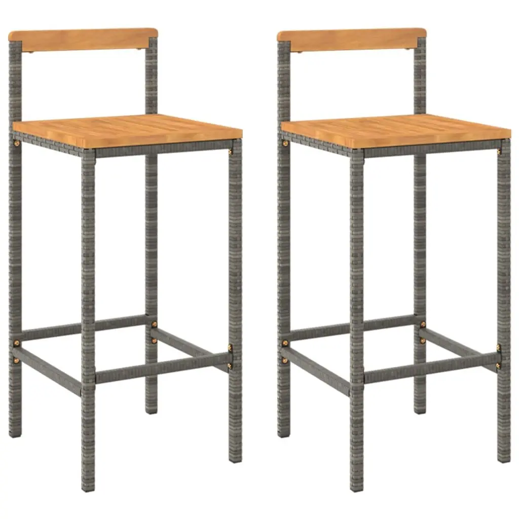 Bar Stools Poly Rattan Solid Wood Seat 2 Piece Grey Indoor Outdoor Kitchen Counter