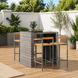 Set of 4 Grey Poly Rattan Wooden Seat Bar Stools