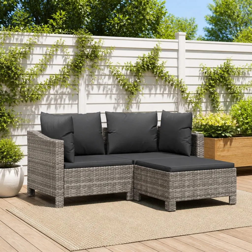 3 Piece Garden Lounge Set Poly Rattan Steel Frame Grey Outdoor Furniture with Cushions