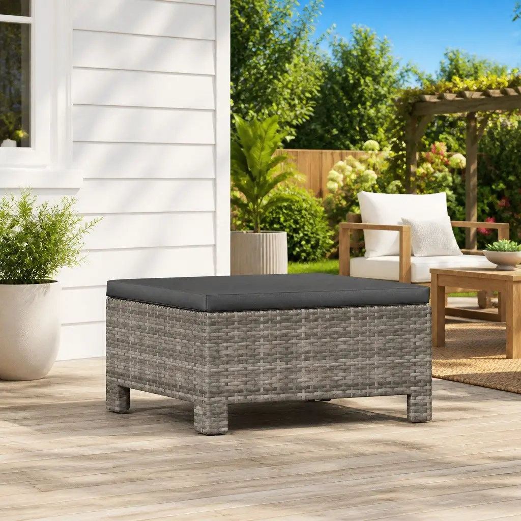 Grey Poly Rattan Garden Footrest with Cushion