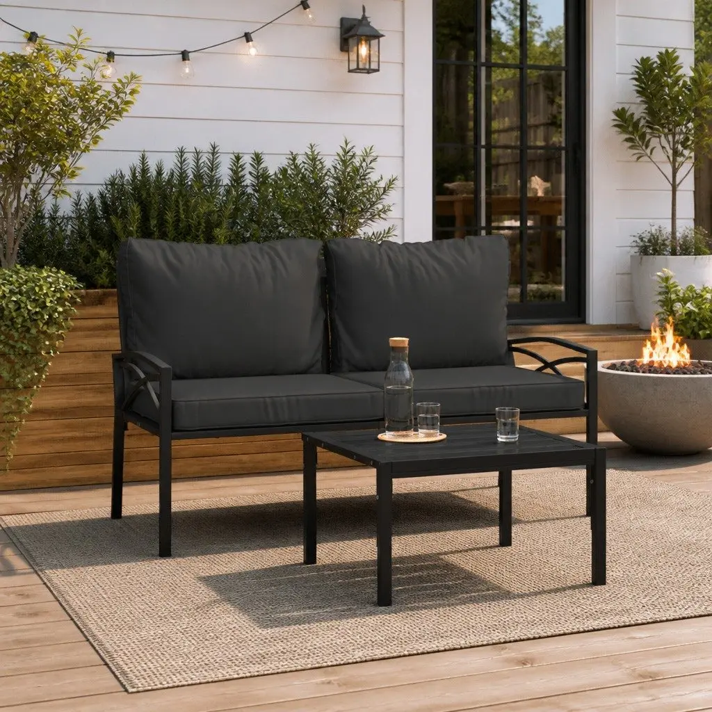 Garden Chairs Steel 2 pcs Outdoor Seating Cushioned Black