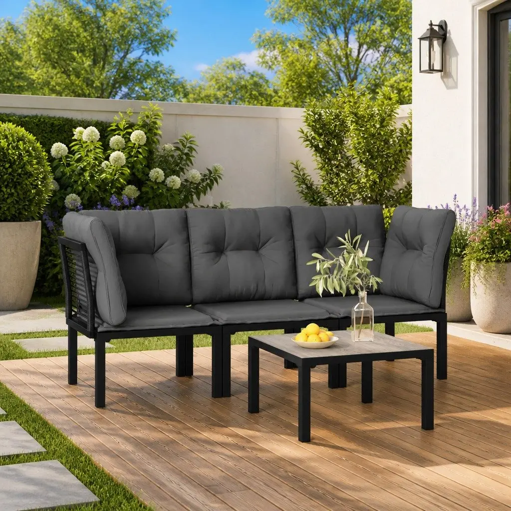 4 Piece Garden Lounge Set PE Rattan Modular Sofa Black Grey