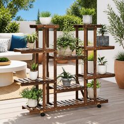 Wooden Flower Stand on Wheels for Home and Garden