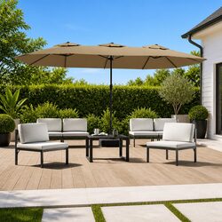 Double-Head Garden Parasol with LED Lights - Taupe 449x265cm