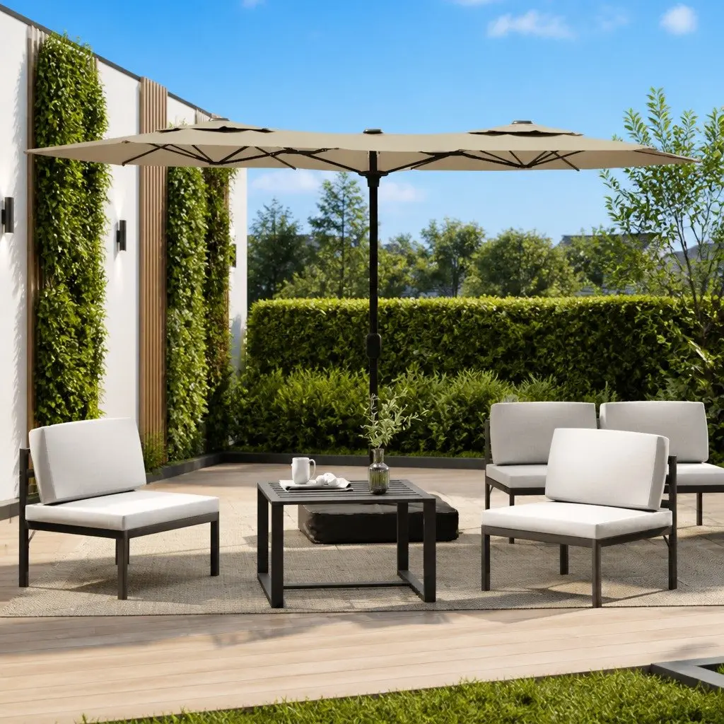 Double-Head Garden Parasol Shade Umbrella Outdoor Patio Sun Protection Taupe