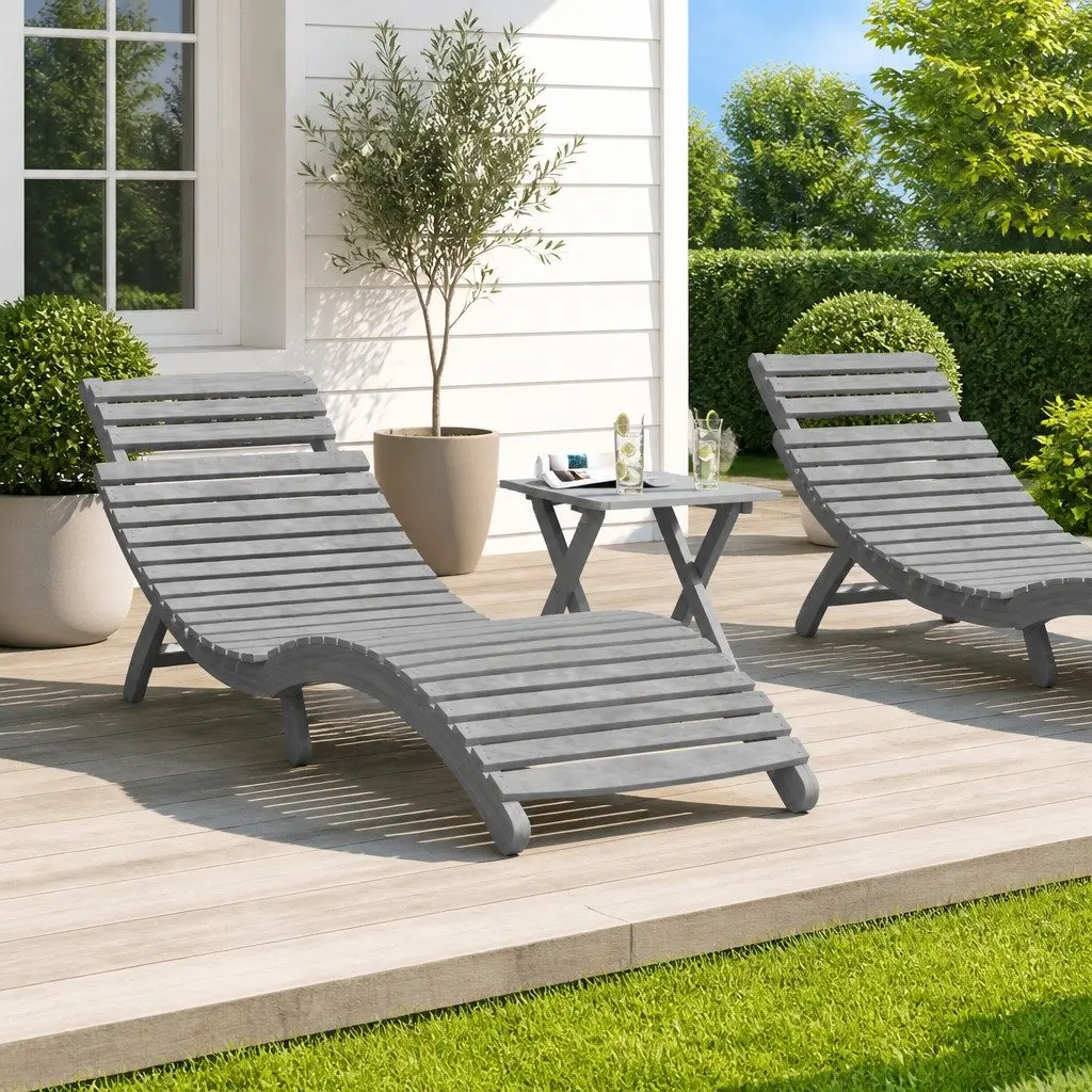 Sun Lounger Solid Acacia Wood Grey Foldable Outdoor Patio Pool Garden