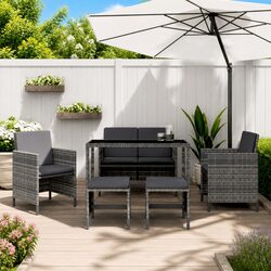 Durable 6-Piece Grey Poly Rattan Garden Dining Set