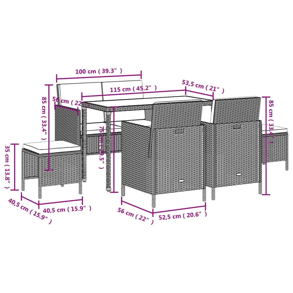 6-Piece Black Rattan Outdoor Dining Set