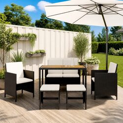 Durable 6 Piece Garden Dining Set with Cushions in Black Rattan