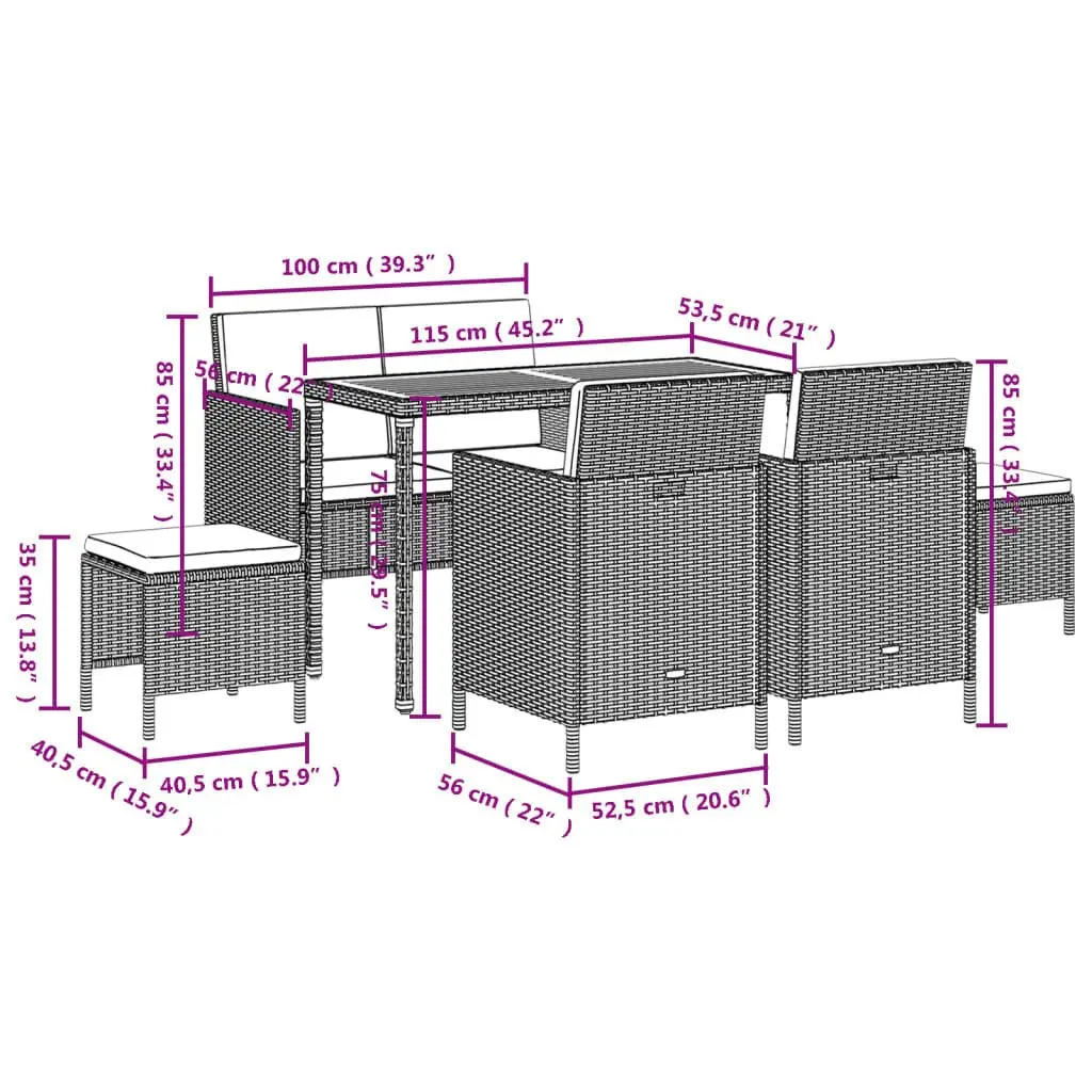 6 Piece Garden Dining Set with Cushions in Black Rattan