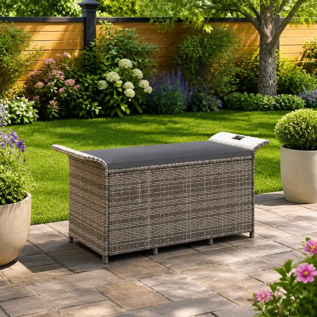 Outdoor Garden Bench with Storage Cushion Grey Poly Rattan Patio Seating