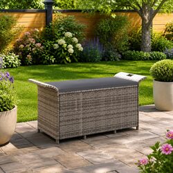 Garden Bench with Storage Cushion - Durable Grey Poly Rattan