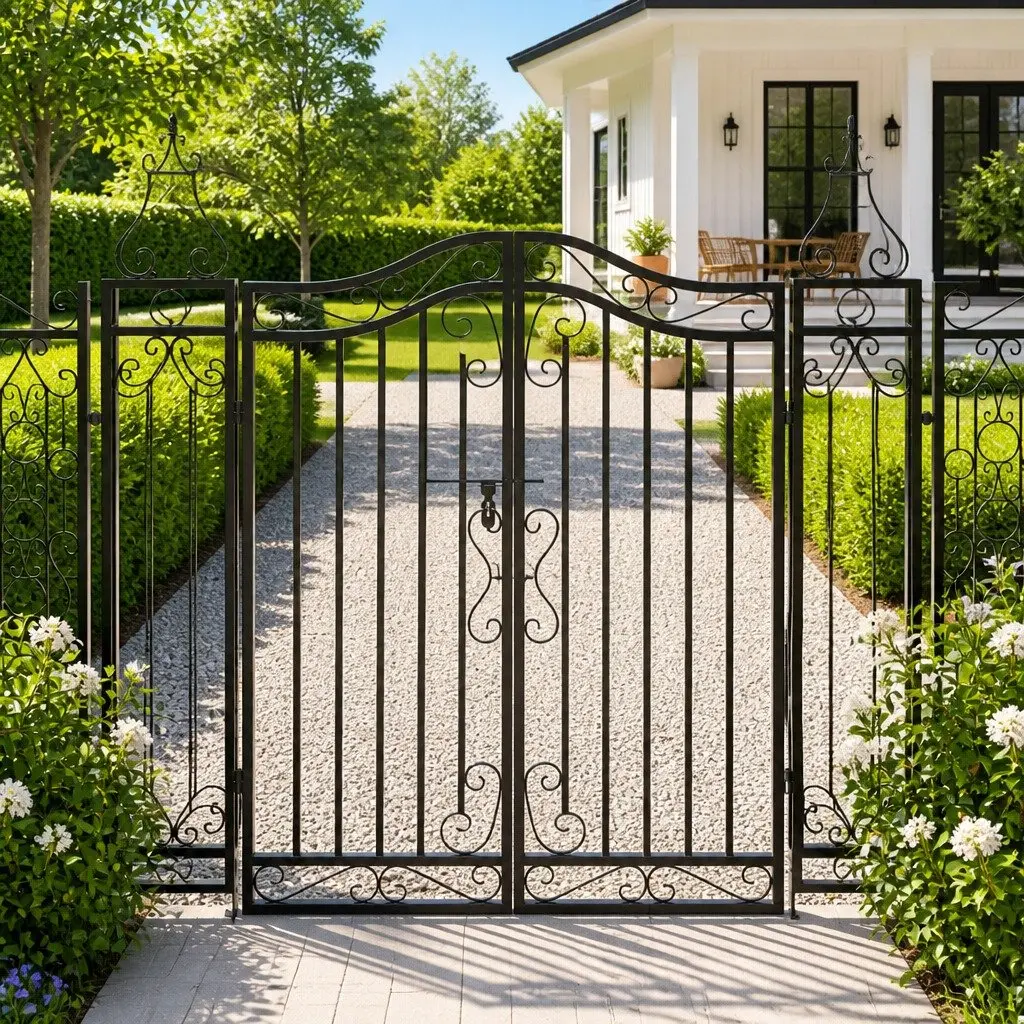 Black Wrought Iron Garden Gate for Outdoor Spaces