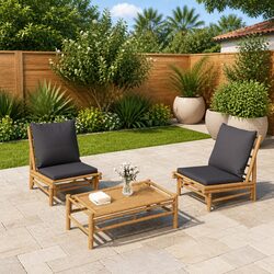 Bamboo Outdoor Garden Chairs Set with Grey Cushions
