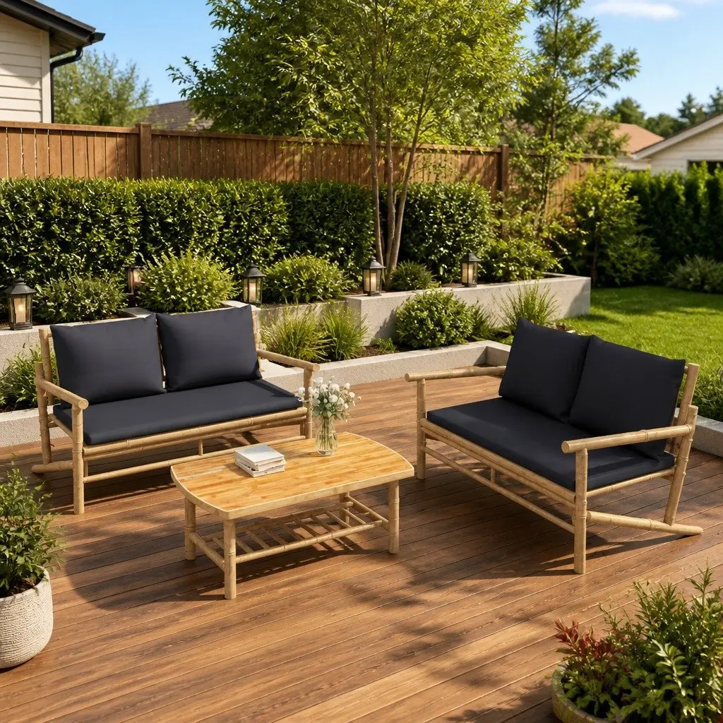Garden Bench Bamboo Outdoor Seating with Grey Cushions Backrest