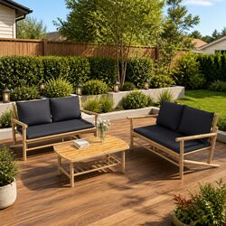 Sturdy Bamboo Garden Bench with Grey Cushions