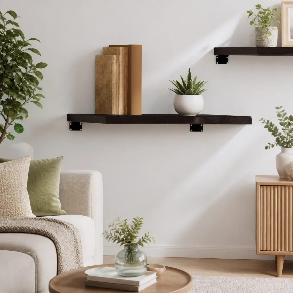 Solid Oak Wood Wall Shelf with Live Edge in Dark Brown