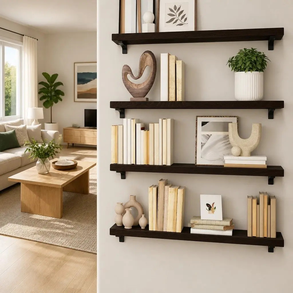 Rustic Wall Shelf in Dark Brown Solid Oak Wood 100x30cm