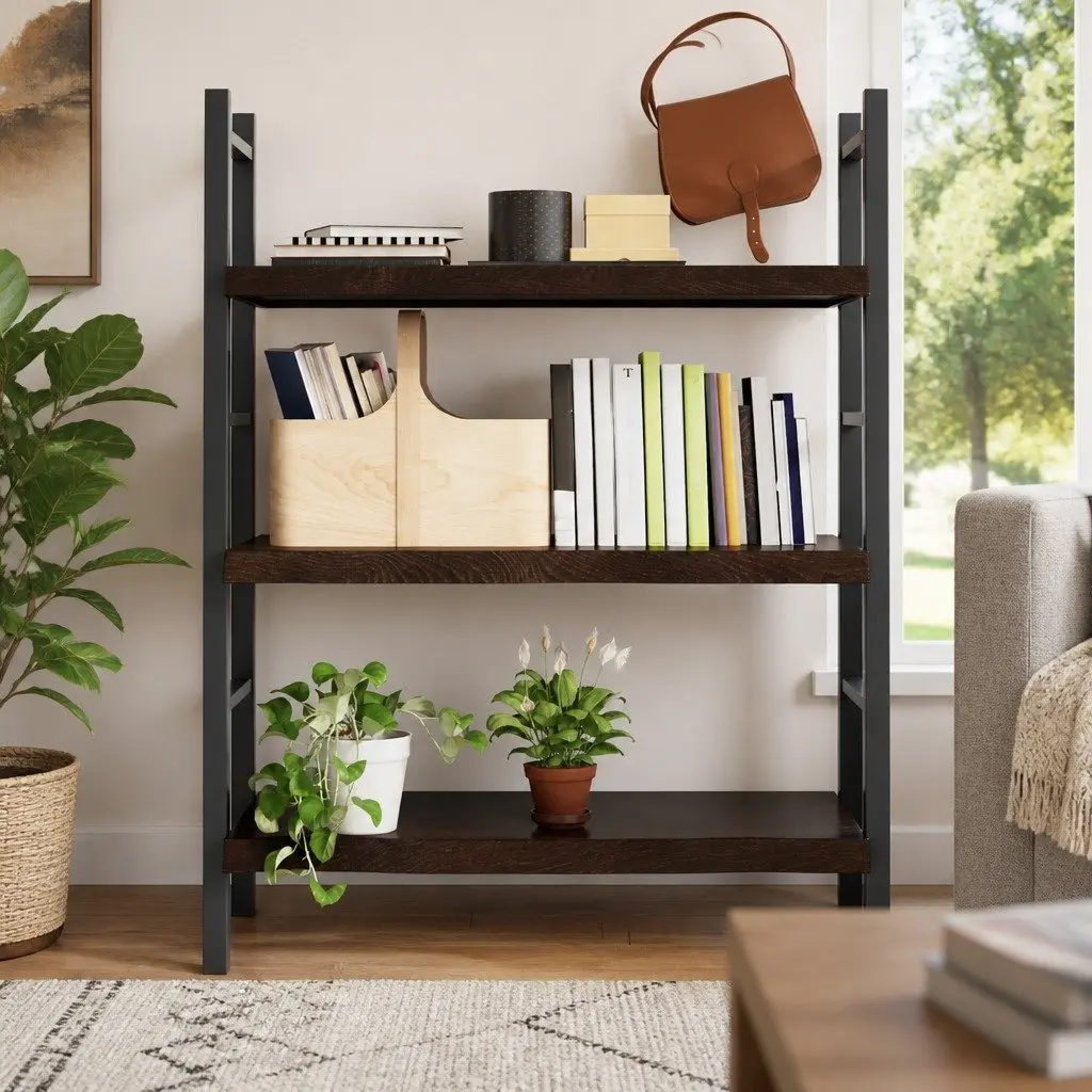 Rustic Dark Brown Solid Oak Wood Wall Shelf with Live Edge