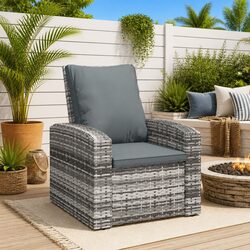 Grey Poly Rattan Garden Reclining Chair with Cushions