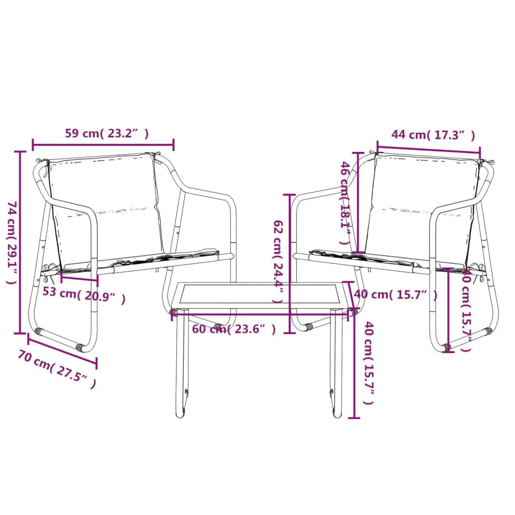 Garden Lounge Set Steel Frame Textilene Fabric 3 Piece Anthracite