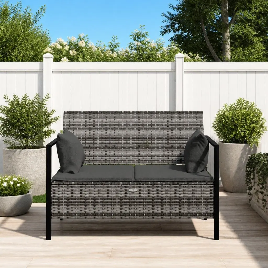 2-Seater Garden Bench Poly Rattan Grey with Cushions Storage