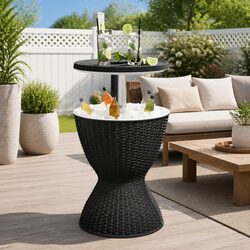 Black 3-in-1 Outdoor Cooler Table with Rattan Design