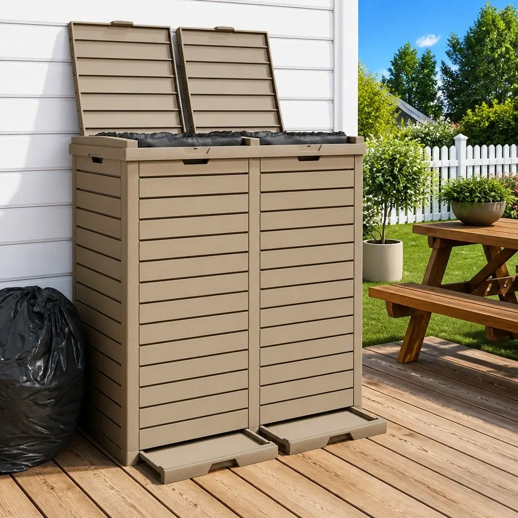 Outdoor Garbage Bin 78x41x86cm Double Lid Waste Container Light Brown Storage