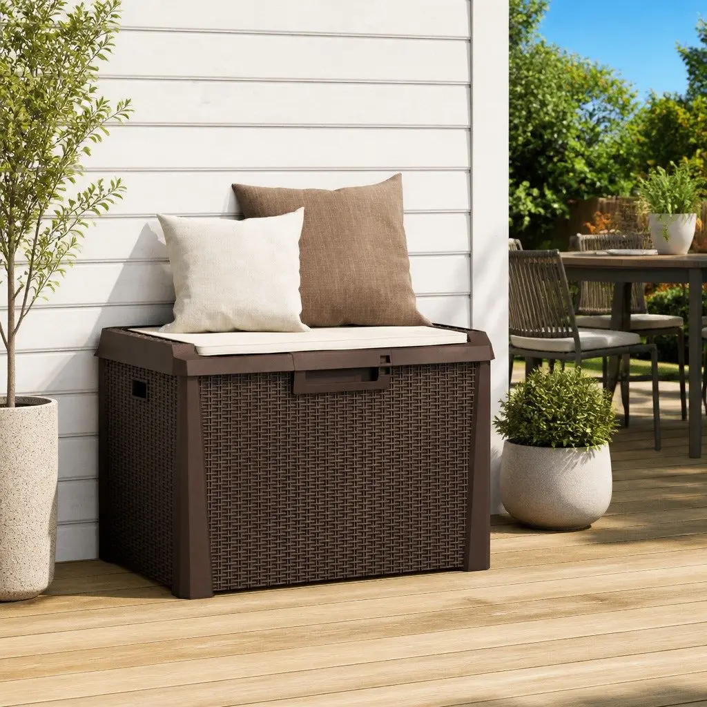 Garden Storage Box with Seat Cushion 125L Outdoor Patio Rattan Look Brown