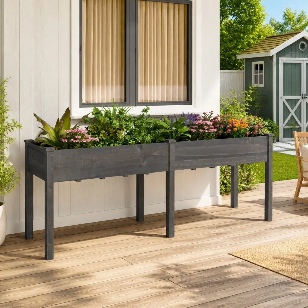 Wooden Planter Box Solid Fir Wood 203 x 53 x 76 cm Grey
