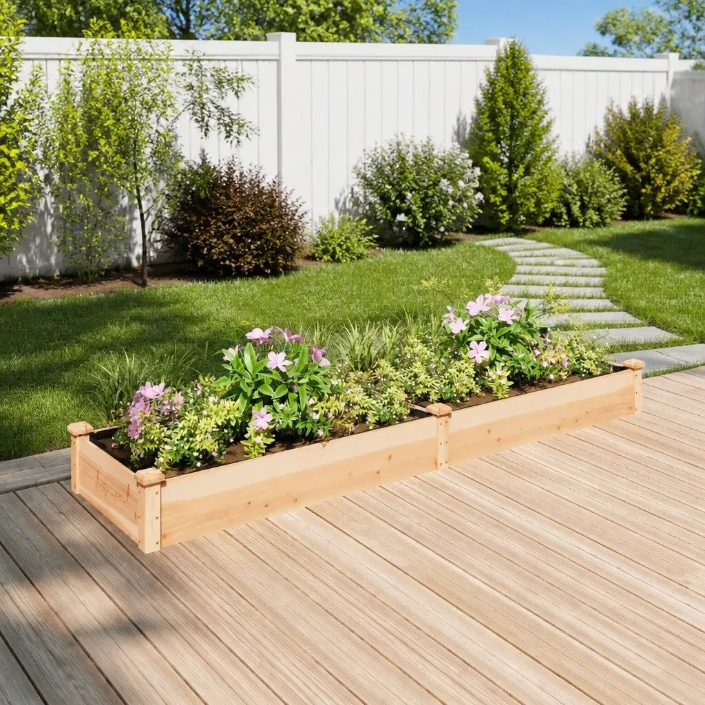 Solid Wood Raised Garden Bed with Liner 240x60x25cm