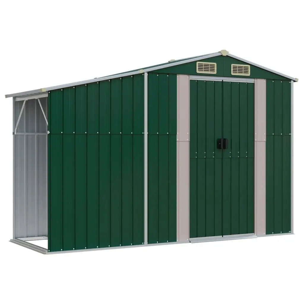 Garden Shed Galvanised Steel 277 x 93 x 179 cm Green Outdoor Storage Firewood Stand Ventilation Sloping Roof