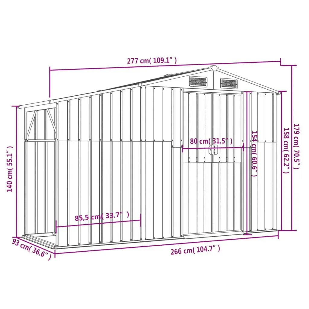 Garden Shed Galvanised Steel 277x93x179 cm Brown Outdoor Storage Tool House