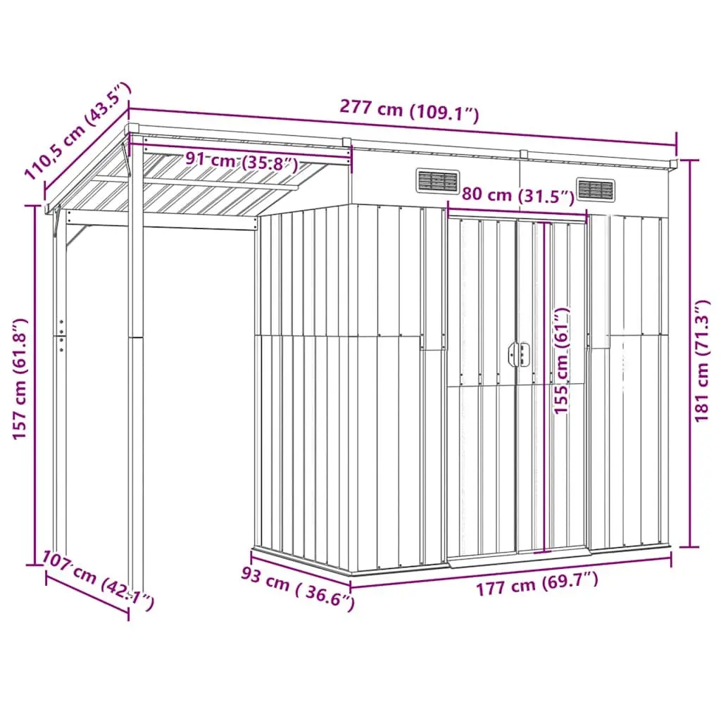 Garden Shed Galvanised Steel 277x107x181cm Grey