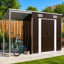 Sturdy Metal Garden Shed with Extended Roof in Brown 277x107x181cm