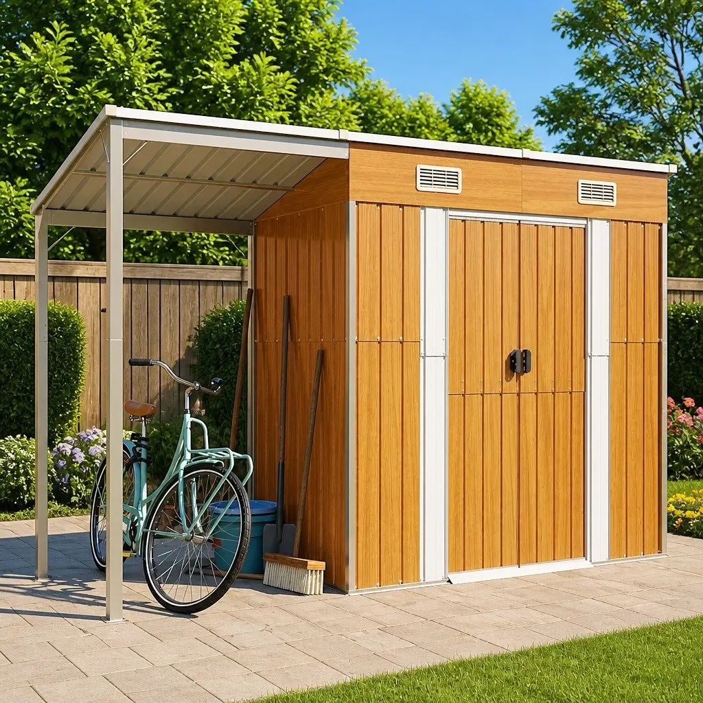 Outdoor Tool Shed with Extended Roof in Brown