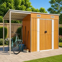 Durable Outdoor Tool Shed with Extended Roof in Brown