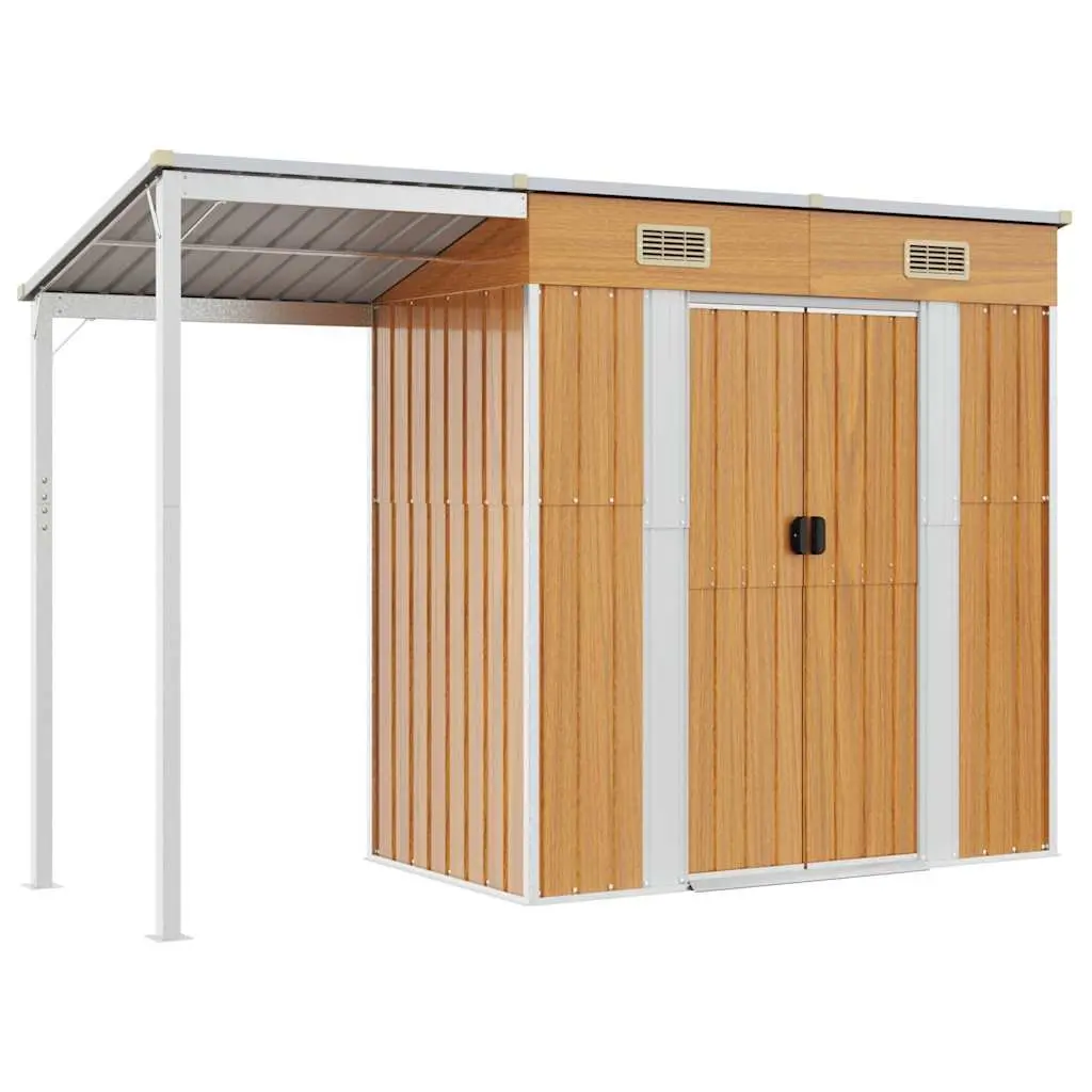 Outdoor Tool Shed with Extended Roof in Brown