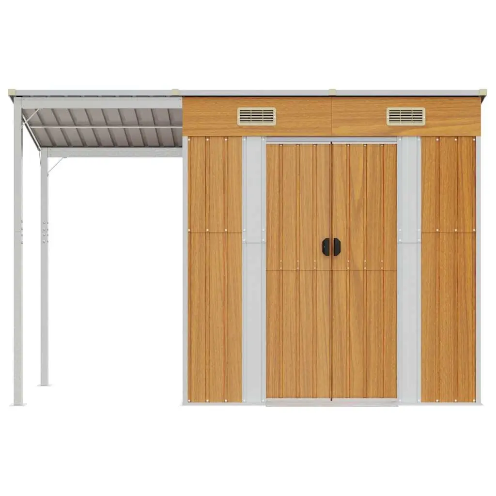 Outdoor Tool Shed with Extended Roof in Brown