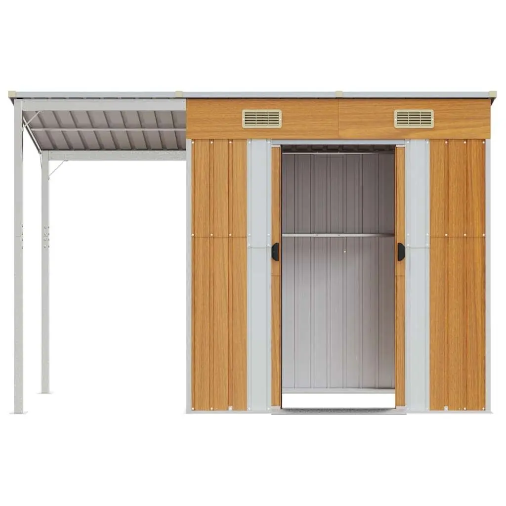 Outdoor Tool Shed with Extended Roof in Brown