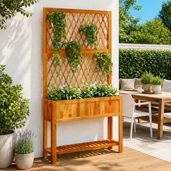 Sturdy Wooden Planter with Trellis and Shelf for Outdoor Use
