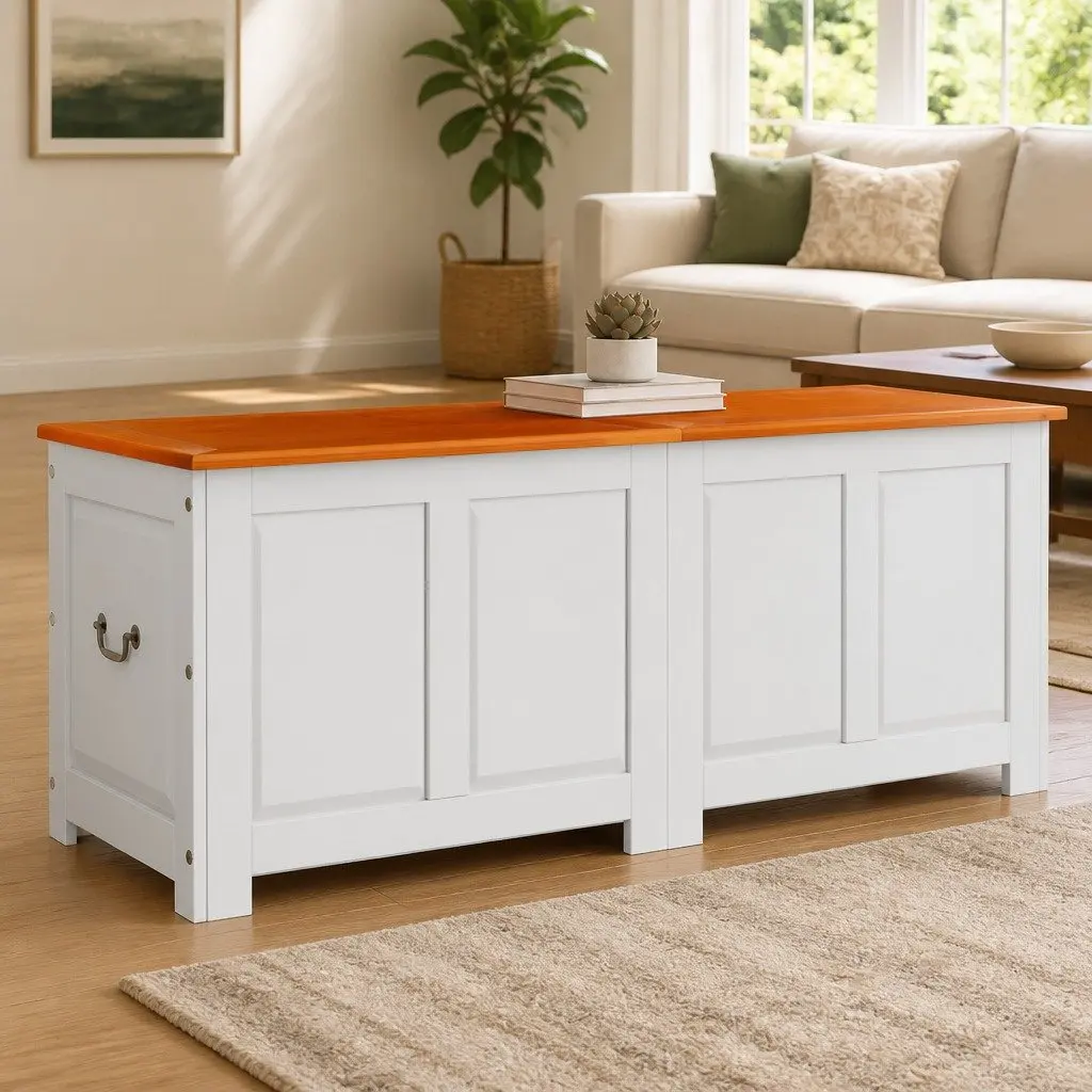 Acacia Wood Storage Chest with Lid in White