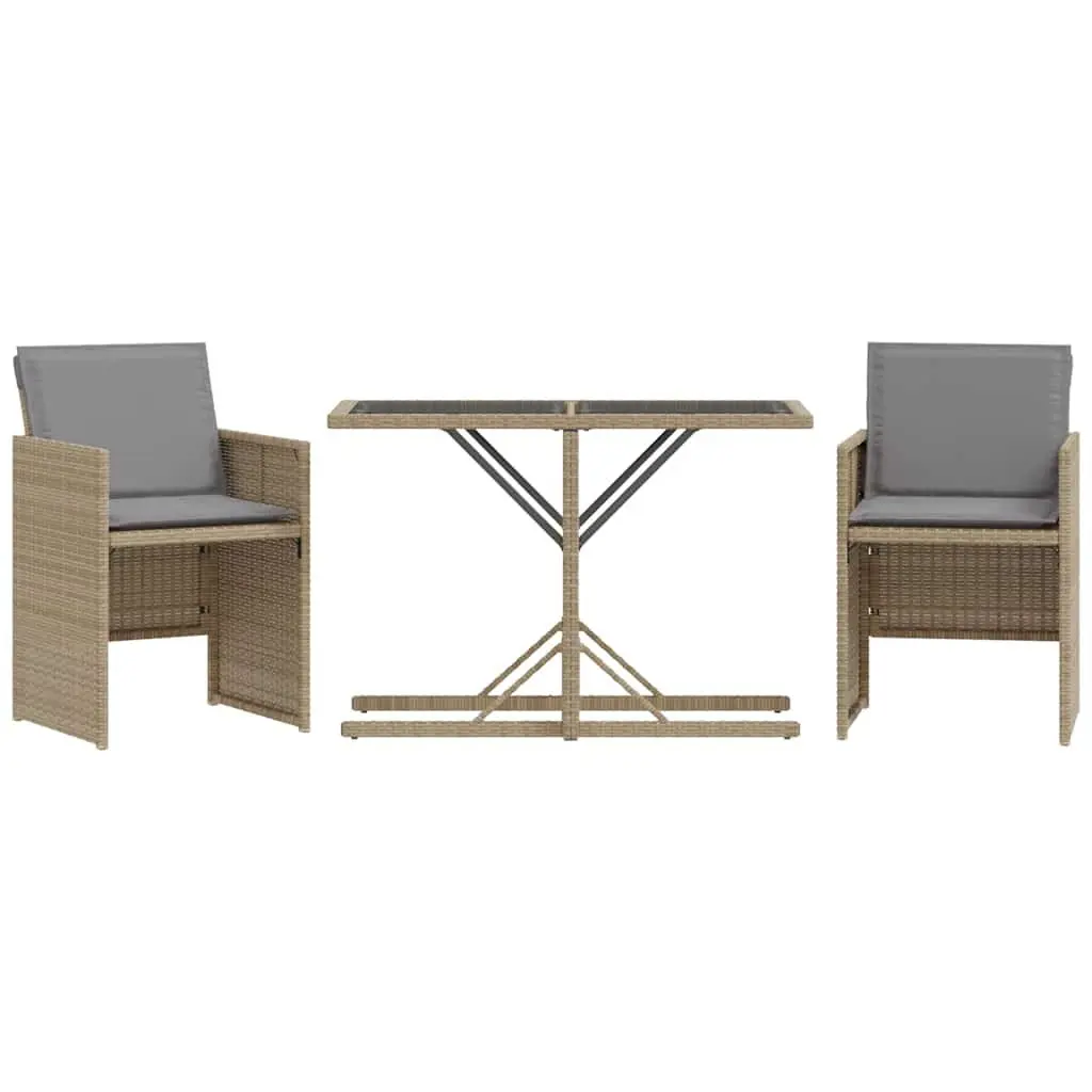 Beige Poly Rattan 3 Piece Bistro Set with Cushions
